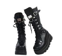 Minetom Damen Winter Gothic Punk Plateau Stiefel Goth Schnalle Zipper Wedges Mid Schuhe Plattform Biker Boots Chunky Stiefel C Schwarz 42 EU
