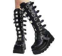 Minetom Damen Winter Gothic Punk Plateau Stiefel Goth Schnalle Zipper Wedges Mid Schuhe Plattform Biker Boots Chunky Motorrad Stiefel D Schwarz 43 EU