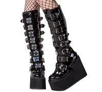 Minetom Damen Winter Gothic Punk Plateau Stiefel Goth Schnalle Zipper Wedges Mid Schuhe Plattform Biker Boots Chunky Motorrad Stiefel E2 Schwarz 39 EU