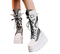 Minetom Damen Winter Gothic Punk Plateau Stiefel Goth Schnalle Zipper Wedges Mid Schuhe Plattform Biker Boots Chunky Motorrad Stiefel A Weiß 36 EU