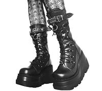 Minetom Damen Winter Gothic Punk Plateau Stiefel Goth Schnalle Zipper Wedges Mid Schuhe Plattform Biker Boots Chunky Motorrad Stiefel A Schwarz 41 EU