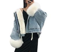 Minetom Damen Winter Plüsch Gefütterte Kragen Denim Jacken Langarm Jeansjacke Fleecejacke Mantel Warme Winterjacke mit Kordelzug Blau Weiß 38