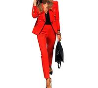 Minetom Damen Zweiteiliger Anzug Set Büro Formal Blazer Langarm Anzugjacke Hosenanzug Slim Fit Hose 2 Stück A Rot 42