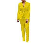 Minetom Damen Zweiteiliger Anzug Set Revers Business Büro Formal Blazer Langarm Anzugjacke Hosenanzug Slim Fit Hose 2 Stück D Gelb 42