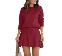 Minetom Damen Zweiteiliges Strickkleid Rundhals Langarm Strickpullover Und Strickrock Leicht Herbstkleid Für Herbst Winter A Rot S