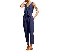 Minetom Festlich Jumpsuit Damen V-Ausschnitt Playsuit Ärmellos Overalls Lange Hosen Elegant Baumwolle Leinen Spielanzug mit Gürtel Taschen Große Größen Blau DE 48