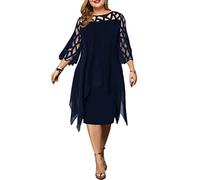 Minetom Freizeitkleider Damen Große Größen Chiffon Kleid Elegant Kleid 3/4 Ärmel Knielang Festlich Hochzeit Kleider D Blau M