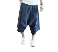 Minetom Herren 7/8 Hosen Sommer Oversized Cargo Shorts mit Kordelzug Vintage Casual Bermuda Cargo Capri Kurze Hose Lose Baggy Leinen Pants Blau XXXL