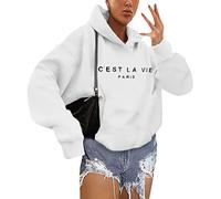 Minetom Hoodie Damen Kapuzenpullover Pullover Herbst Oberteil Langarm Casual Brief Gedruckt Sweatshirt Oberteile Tops A Weiß M