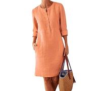 Minetom Kleid Damen Knielang Sommerkleid Strandkleid Rundhals Blusenkleid Shirtkleid Tunika Knielang Mit Tasche Orange L