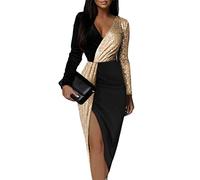Minetom Kleider Damen Lang V-Ausschnitt Wickelkleider Langarm Farbblock Pailletten Bodycon Partykleid Midikleid Abendkleid Cocktailkleid A Schwarz XL