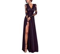 Minetom Kleider Damen V-Ausschnitt Langarm Abendkleider Elegant Spitze Cocktailkleid Maxikleid Lang Partykleid Ballkleid Festkleid Schwarz DE 34