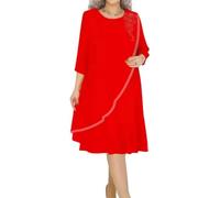 Minetom Kleider Große Größen Damen Elegant Sommer Lose Chiffonkleid 3/4 Ärmel Chiffonkleid Hochzeit Festlich Coctailkleid Partykleid Midikleid A Rot XL