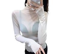 Minetom Langarmshirt Damen Sexy Mesh Oberteile Langarm Durchsichtige T-Shirt Rollkragen Transparent Tüll Hemd Shirt Casual Bluse Party Tops C Weiß S