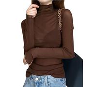 Minetom Langarmshirt Damen Sexy Mesh Oberteile Langarm Durchsichtige T-Shirt Rollkragen Transparent Tüll Hemd Shirt Casual Bluse Party Tops B Braun XS