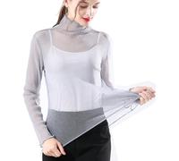 Minetom Langarmshirt Damen Sexy Mesh Oberteile Langarm Durchsichtige T-Shirt Rollkragen Transparent Tüll Hemd Shirt Casual Bluse Party Tops A Grau L
