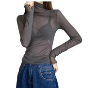Minetom Langarmshirt Damen Sexy Mesh Oberteile Langarm Durchsichtige T-Shirt Rollkragen Transparent Tüll Hemd Shirt Casual Bluse Party Tops B Grau M