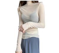 Minetom Langarmshirt Damen Sexy Mesh Oberteile Langarm Durchsichtige T-Shirt Rollkragen Transparent Tüll Hemd Shirt Casual Bluse Party Tops B Beige XXL