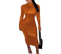 Minetom Langes Kleid Damen Sexy Langarm PU Leder Bleistiftkleid Festlich Etuikleid Bodycon Midikleid Clubwear Cocktail Party Abend Kleider A Orange M
