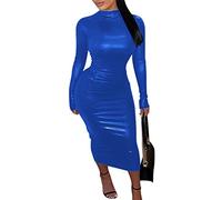 Minetom Langes Kleid Damen Sexy Langarm PU Leder Bleistiftkleid Festlich Etuikleid Bodycon Midikleid Clubwear Cocktail Party Abend Kleider A Blau M
