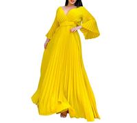 Minetom Langes Kleid Damen Vintage V-Ausschnitt Festlich Hochzeit Maxi Kleid Swing Kleider Elegant Plissee Cocktailkleid Partykleid Abendkleid mit Gürtel Gelb XL