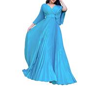 Minetom Langes Kleid Damen Vintage V-Ausschnitt Festlich Hochzeit Maxi Kleid Swing Kleider Elegant Plissee Cocktailkleid Partykleid Abendkleid mit Gürtel Blau XL