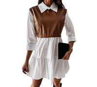 Minetom Lederkleid Blusenkleid Damen Kleid Kariert Farbblock Faltenrock A-Linie Patchwork Minikleid Cocktail Kleid C Braun 34