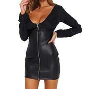 Minetom Lederkleid Blusenkleid Damen Sexy V-Ausschnitt Kleid Reißverschluss Langarm Bodycon Minikleid Festlich Partykleid E Schwarz 34