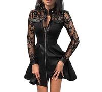 Minetom Lederkleid Damen Kleid V-Ausschnitt Spitze Reißverschluss A-Linie Langarm Patchwork Minikleid Cocktail Kleid A Schwarz Spitze 46