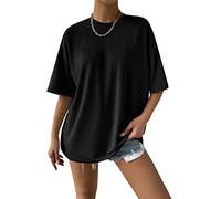 Minetom Oversize T-Shirt Damen Elegante Rundhals Kurzarm Tops Lässig Lose Sommer Oberteile Einfarbig Bluse Mode Farbblock Streetwear Lang Pullover Sweatshirt Teenager Mädchen A Schwarz XL