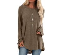 Minetom Oversized T-Shirt Damen Langarm Locker Sommer Longshirt Oberteile Sommer Lang Tee Shirt Tunika Casual Langarmshirt Lässig Basic Bluse Einfarbig Sweatshirt Für Frauen C Khaki XL z2