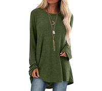 Minetom Oversized T-Shirt Damen Langarm Locker Sommer Longshirt Oberteile Sommer Lang Tee Shirt Tunika Casual Langarmshirt Lässig Basic Bluse Einfarbig Sweatshirt Für Frauen C Armeegrün S