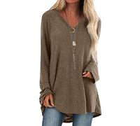 Minetom Oversized T-Shirt Damen Langarm Locker Sommer Longshirt Oberteile Sommer Lang Tee Shirts Tunika Casual Langarmshirt Lässig Basic Bluse Einfarbig Sweatshirt Für Frauen D Khaki XXL