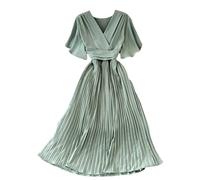 Minetom Plisseekleid Cocktailkleid Damen Elegant V-Ausschnitt Kurzarm Elegant Festliches Kleid Lang Abend Party Ballkleid Freizeitkleid B Grün Einheitsgröße