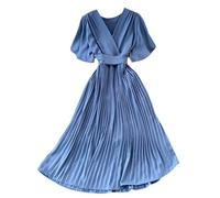 Minetom Plisseekleid Cocktailkleid Damen Elegant V-Ausschnitt Kurzarm Elegant Festliches Kleid Lang Abend Party Ballkleid Freizeitkleid B Blau Einheitsgröße