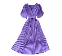 Minetom Plisseekleid Cocktailkleid Damen Elegant V-Ausschnitt Kurzarm Elegant Festliches Kleid Lang Abend Party Ballkleid Freizeitkleid B Violett Einheitsgröße