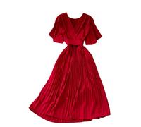 Minetom Plisseekleid Cocktailkleid Damen Elegant V-Ausschnitt Kurzarm Elegant Festliches Kleid Lang Abend Party Ballkleid Freizeitkleid B Rot Einheitsgröße