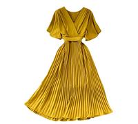 Minetom Plisseekleid Cocktailkleid Damen Elegant V-Ausschnitt Kurzarm Elegant Festliches Kleid Lang Abend Party Ballkleid Freizeitkleid B Gelb Einheitsgröße