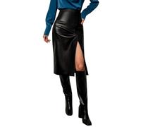 Minetom Rock Damen PU Leder Röcke Hohe Taille Midirock Figurbetont Lang Rock Stretch Kunstleder Festlich Party Büro Skirt Freizeitrock Bleistiftrock Arbeitsrock 1 A Schwarz M
