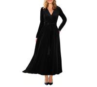 Minetom Samtkleid Damen Abendkleid Winterkleid Lang Kleid Winter Hochzeit Elegant V-Ausschnitt Langarm Cocktailkleid Maxikleid Partykleid B Schwarz XL