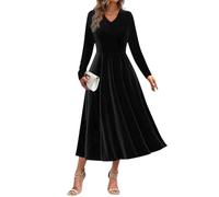 Minetom Samtkleid Damen Langarm Abendkleid Elegant Herbst Winter V-Ausschnitt Hochzeit Festliches Langes Kleid A-Linie Partykleid Cocktailkleid A Schwarz M