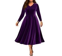 Minetom Samtkleid Damen Langarm Abendkleid V-Ausschnitt Für Hochzeit Winter Festliche Midi Kleider Für Hochzeit Party Cocktailkleid A Violett XL
