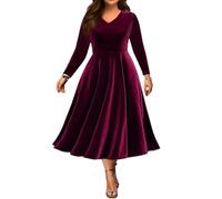 Minetom Samtkleid Damen Langarm Abendkleid V-Ausschnitt Für Hochzeit Winter Festliche Midi Kleider Für Hochzeit Party Cocktailkleid