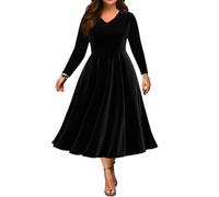 Minetom Samtkleid Damen Langarm Abendkleid V-Ausschnitt Für Hochzeit Winter Festliche Midi Kleider Für Hochzeit Party Cocktailkleid A Schwarz XL