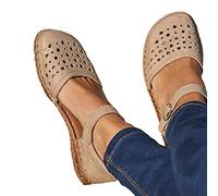 Minetom Sandalen Damen Sommer Flach Sandaletten Halbschuhe Vintage Hohl Runde Zehe Frauen Schuhe Mary Jane Halbschuh Strandsandalen A Aprikose 43 EU