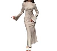 Minetom Satin Kleid Damen Elegant Rundhals Langarm Lange Kleider Einfarbig Maxikleid Wickelkleid Cocktail Hochzeit Party Kleid A Khaki XS