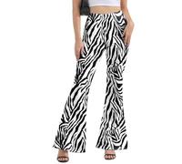 Minetom Schlaghose Damen 60er 70er Jahre Hose Boho Hippie Blumen High Waist Outfit Disco Kostüm Karneval Party Yogahose Leggings Elastische Bootcut Freizeithose C Weiß XS