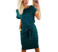 Minetom Sommerkleid Damen Lose Abendkleid Einfarbig Knie Lang Kleider Frauen Elegant Kurzarm Taschen Casual Swing T-Shirt Kleid Strandkleid mit Gürtel Grün DE 38
