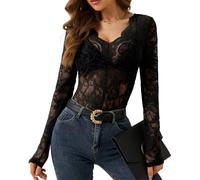 Minetom Spitzen Oberteile Damen Langarm V-Ausschnitt T-Shirt Spitzenoberteil Transparentes Hemd Sexy Durchsichtiges Top A Schwarz L