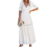 Minetom Spitzenkleid Damen Sommer Kurzarm V-Ausschnitt Retro Spitzen Strandkleid Maxi Kleider Boho Lang Sommerkleid I Weiß 38